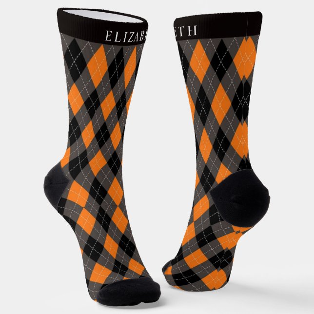 Custom Black Grey Orange Argyle Pattern Socks (Angled)