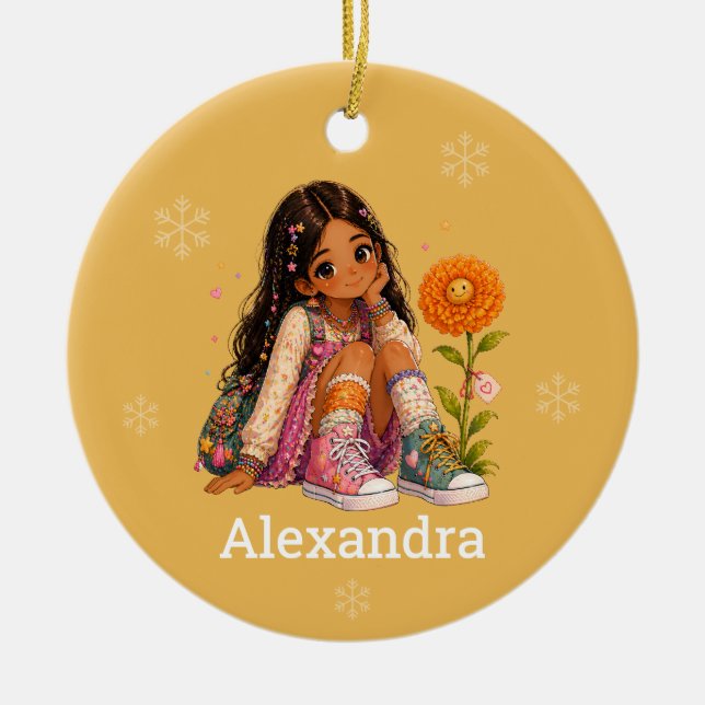 Custom Black Hair Girl Name Ceramic Tree Decoration (Front)