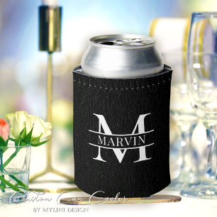 Custom Black Leather Print Monogram Groomsmen Can Cooler