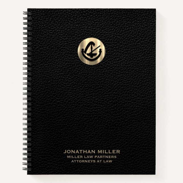 Custom Black Leather Print with Gold Legal Emblem Notebook (Front)