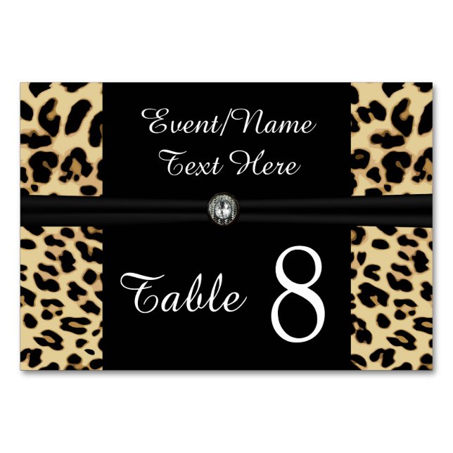 Custom Black Leopard Ribbon Jewel Table Number (Front)