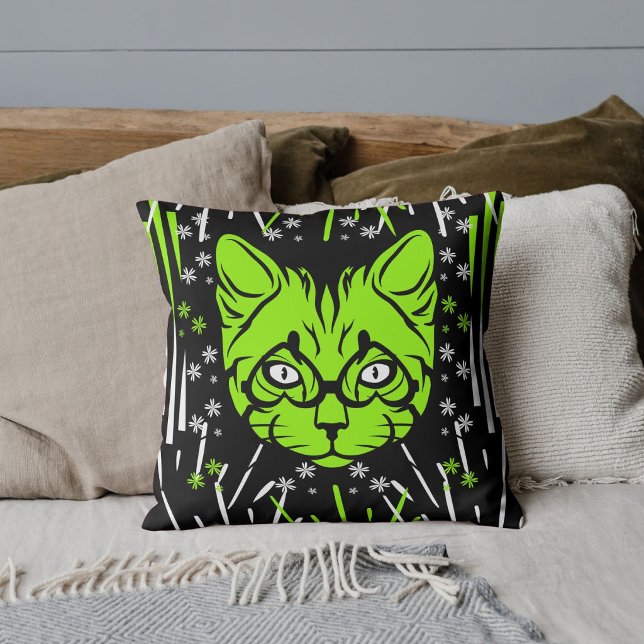 Custom Black Lime White Black Modern Cat Pattern  Cushion (Creator Uploaded)