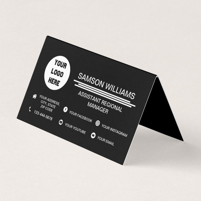 Custom Black Logo Minimalist Social Media Icons Business Card (Front)