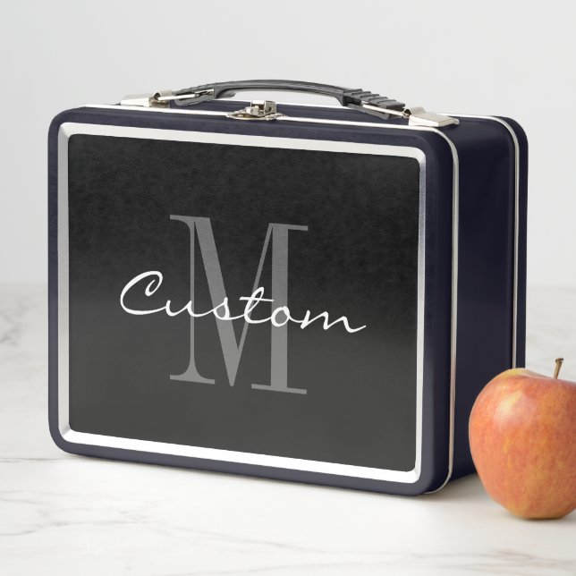 Custom black metal lunch box with elegant monogram (In Situ)