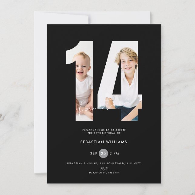 Custom Black Photo 14th Birthday Invitation Boys (Front)