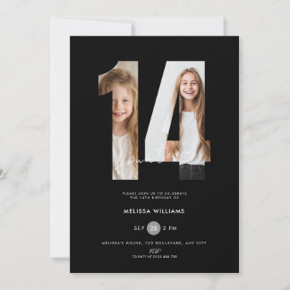 Custom Black Photo 14th Birthday Invitation Girls