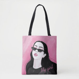 Custom Black Pink Modern Girl Graphic Printed Tote Bag