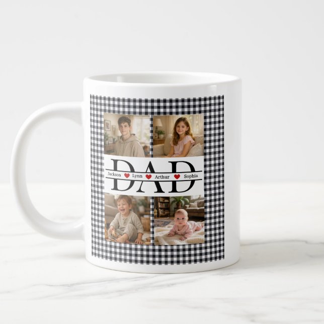 Custom Black Plaid Modern 4 Photo Collage Dad Gift Large Coffee Mug (Left)