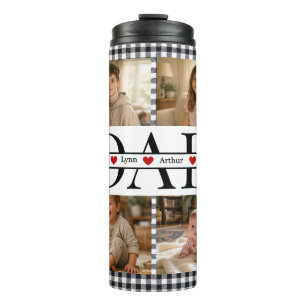 Custom Black Plaid Modern 4 Photo Collage Dad Gift Thermal Tumbler