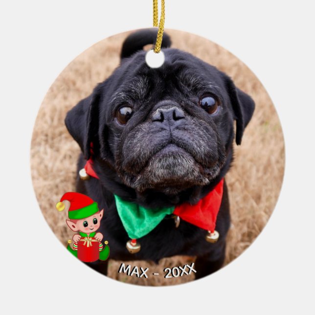 Custom Black Pug Dog Photo with Cute Elf Ceramic Tree Decoration (Front)