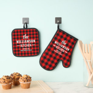 Custom Black Red Buffalo Lumberjack Plaid Pattern Oven Mitt & Pot Holder Set