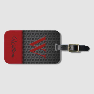 Custom Black Red Faux Leather Monogrammed Initial Luggage Tag