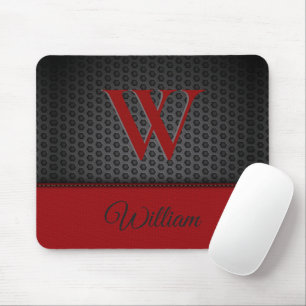 Custom Black Red Faux Leather Monogrammed Initial Mouse Pad
