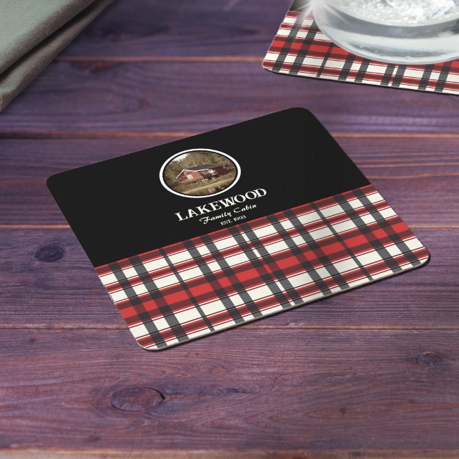 Custom Black Red Plaid Farmhouse Style Square Paper Coaster (Creator Uploaded)