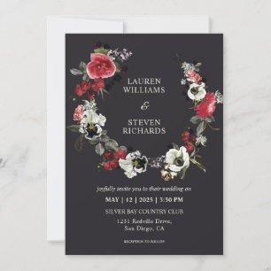 Custom Black Red Roses Moody Flower Wreath Wedding Invitation