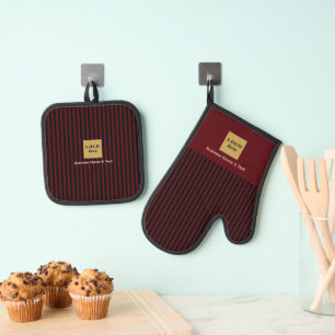 Custom Black & Red Stripe Oven Mitt & Pot Holder Set