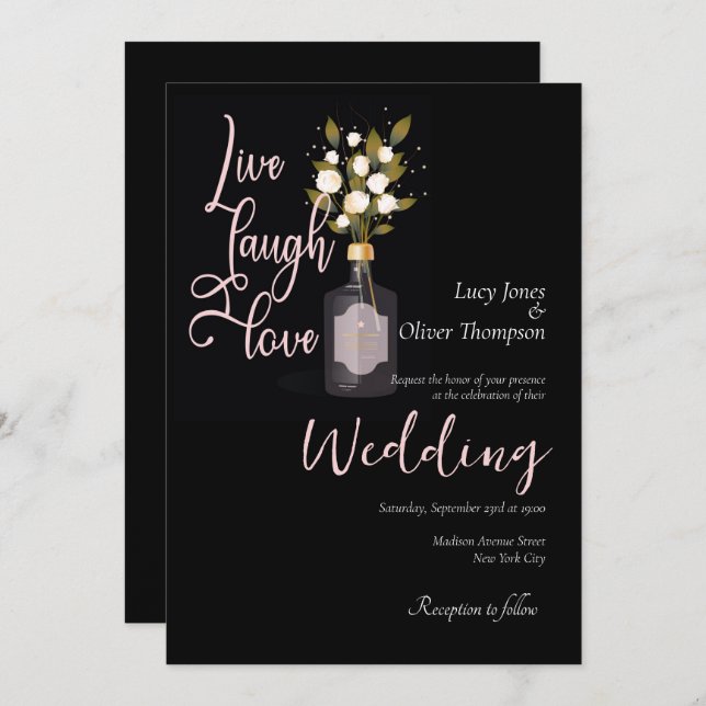 Custom Black Romantic Floral Wedding Card w/ Quote (Front/Back)