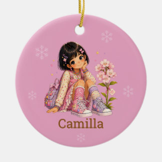 Custom Black Short Hair Girl Name Ceramic Tree Decoration