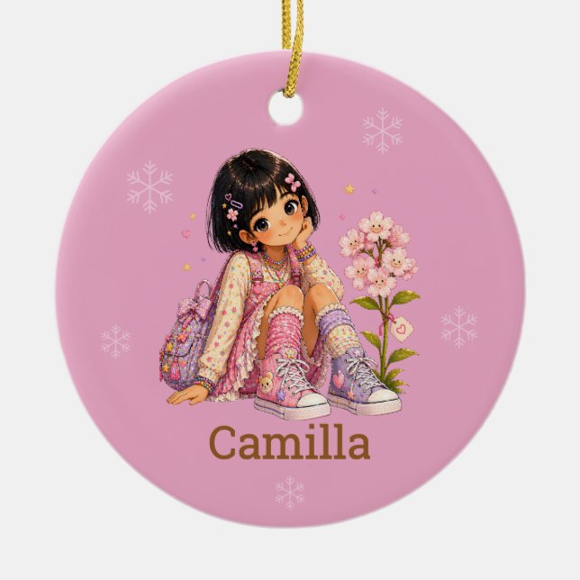 Custom Black Short Hair Girl Name Ceramic Tree Decoration (Front)
