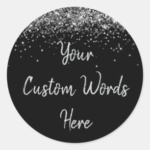 Custom Black & Silver Glitter Birthday Party Favou Classic Round Sticker