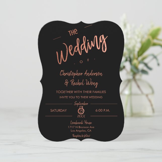 Custom Black Simple Script Rose Gold The Wedding Invitation (Standing Front)