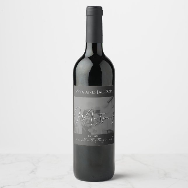 Custom Black Sleek Wedding Celebration Wine Label (Front)