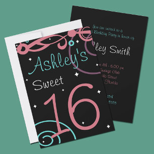 Custom Black Sweet 16 Birthday Party Invitations