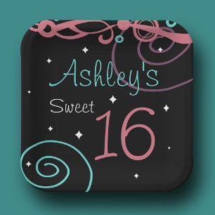 Custom Black Sweet 16 Birthday Party Plates