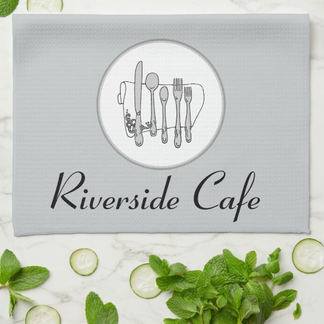 Custom Black, White and Grey Silverware Design Tea Towel (Folded)