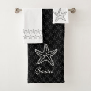 Custom Black White Chic Beach house Starfish  Bath Towel Set