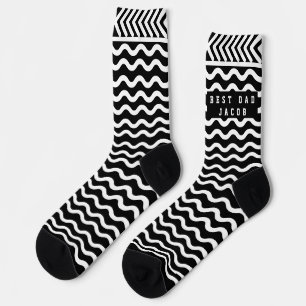 Custom Black white Dad Name Red Wave Pattern Socks