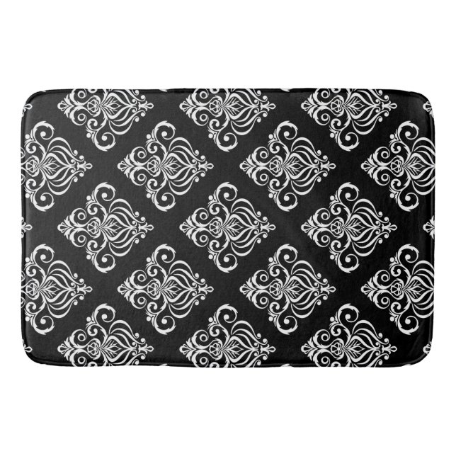Custom Black & White Damask Pattern Bath Mat (Front)