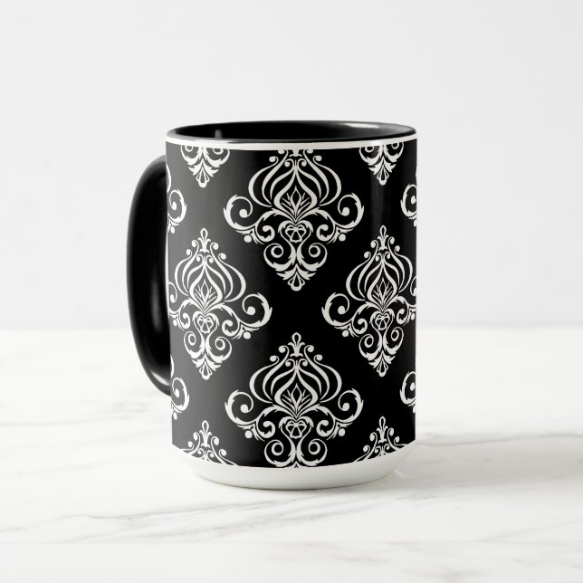 Custom Black & White Damask Pattern Mug (Front Left)