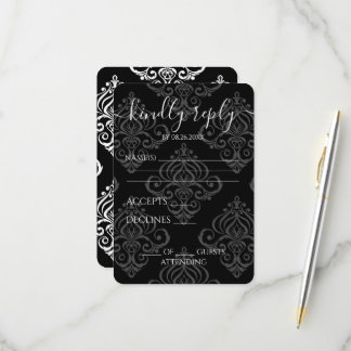 Custom Black & White Damask Wedding RSVP Card
