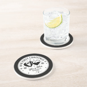 Custom Black White Elegant First Christmas Photo Coaster