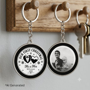 Custom Black White Elegant First Christmas Photo Key Ring
