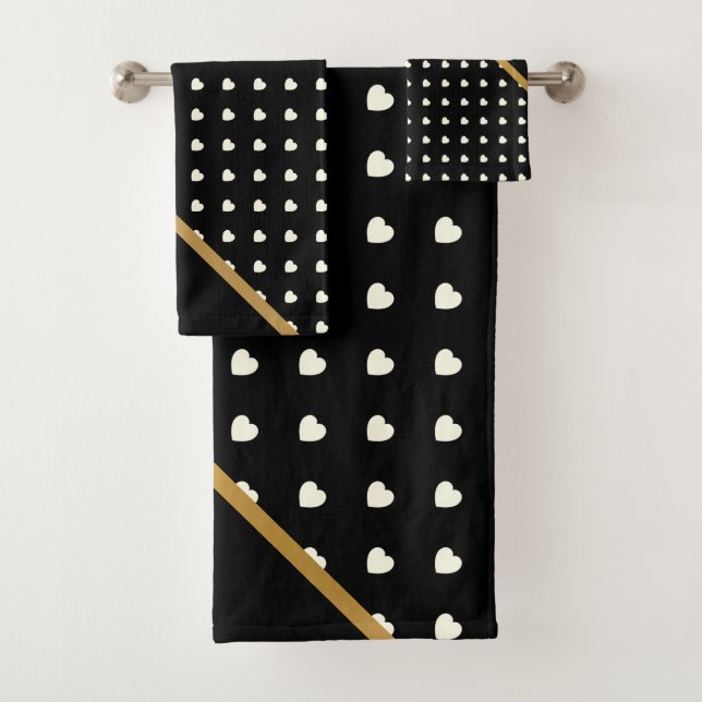 CUSTOM BLACK WHITE GOLD HEARTS BATHROOM TOWEL SET (Insitu)