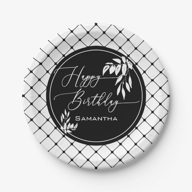 Custom Black White Happy Birthday Diamond Pattern Paper Plate (Front)