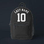 Custom Black White Last Name Sports Jersey Number Printed Backpack<br><div class="desc">Custom-designed sports jersey backpack in charcoal black with striking white lettering and bold black shadow detailing for your last name and chosen number. This personalised backpack is a must-have for sports enthusiasts, adding a touch of individuality to your gear collection. Crafted with durability in mind, it ensures long-lasting performance while...</div>