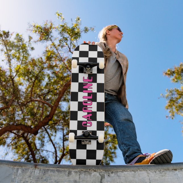 Custom Black White Neon Pink Abstract Geometric Skateboard (Outdoor 1)