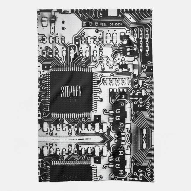 Custom Black White PCB Printed Circuit Board Geek Tea Towel (Vertical)