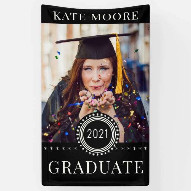 Custom Black White Photo Graduation  Banner (Vertical)