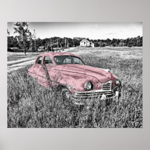 Custom, black & white photo of 1950s vintage car, poster
