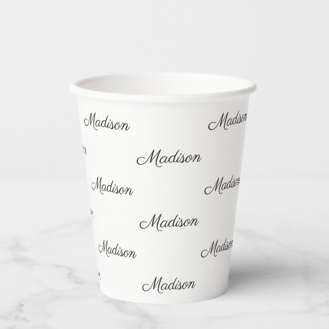 Custom black white script name text elegant paper cups (Front)