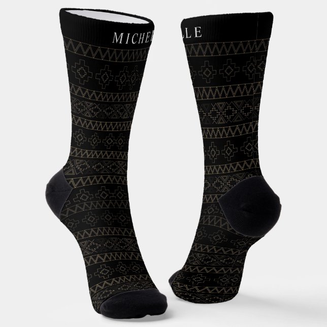 Custom Black White Silver Gold  Aztec Pattern Socks (Angled)