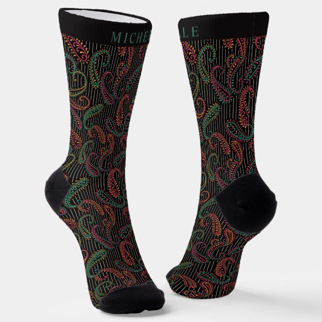 Custom Black White Stripe Paisley Pattern Socks (Angled)