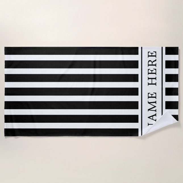 Custom Black White Striped Beach Towel with Name (Front)