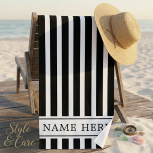 Custom Black White Striped Beach Towel with Name