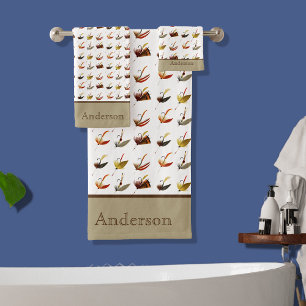 Custom Black White Tan Fly Fishing Flies Coastal B Bath Towel Set