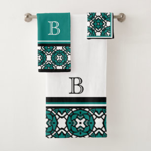 Custom Black White Teal Green Oriental Mosaic Art Bath Towel Set